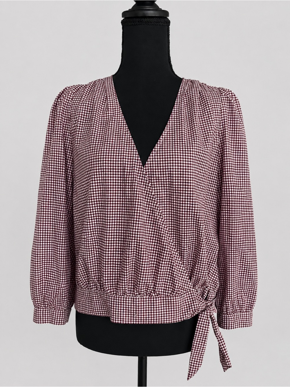 NWOT -Madewell Burgundy Gingham Wrap Blouse